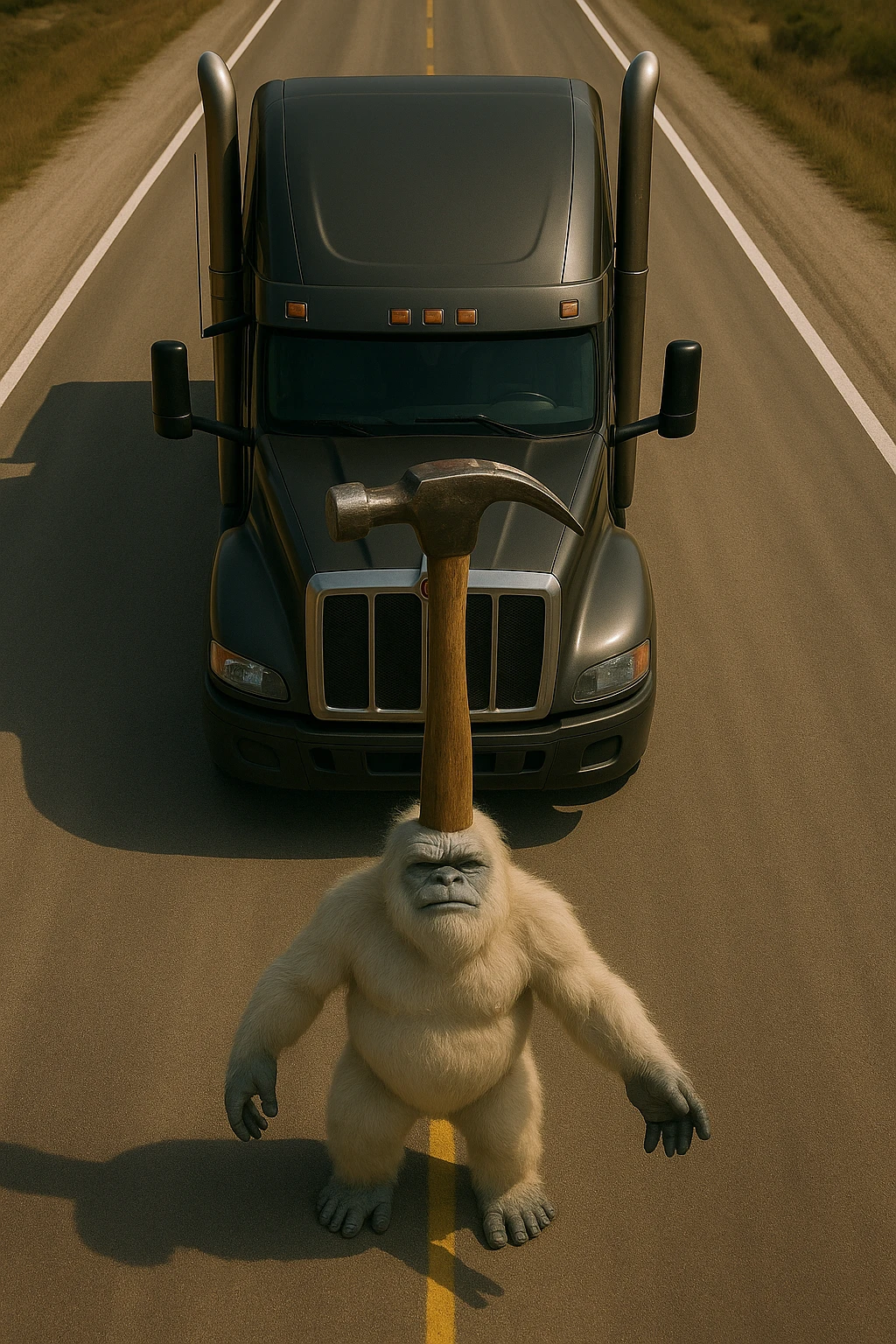 Add a hammer on top of the abominable snowman's head, keep the scene realistic, top-down view, no text. emoji