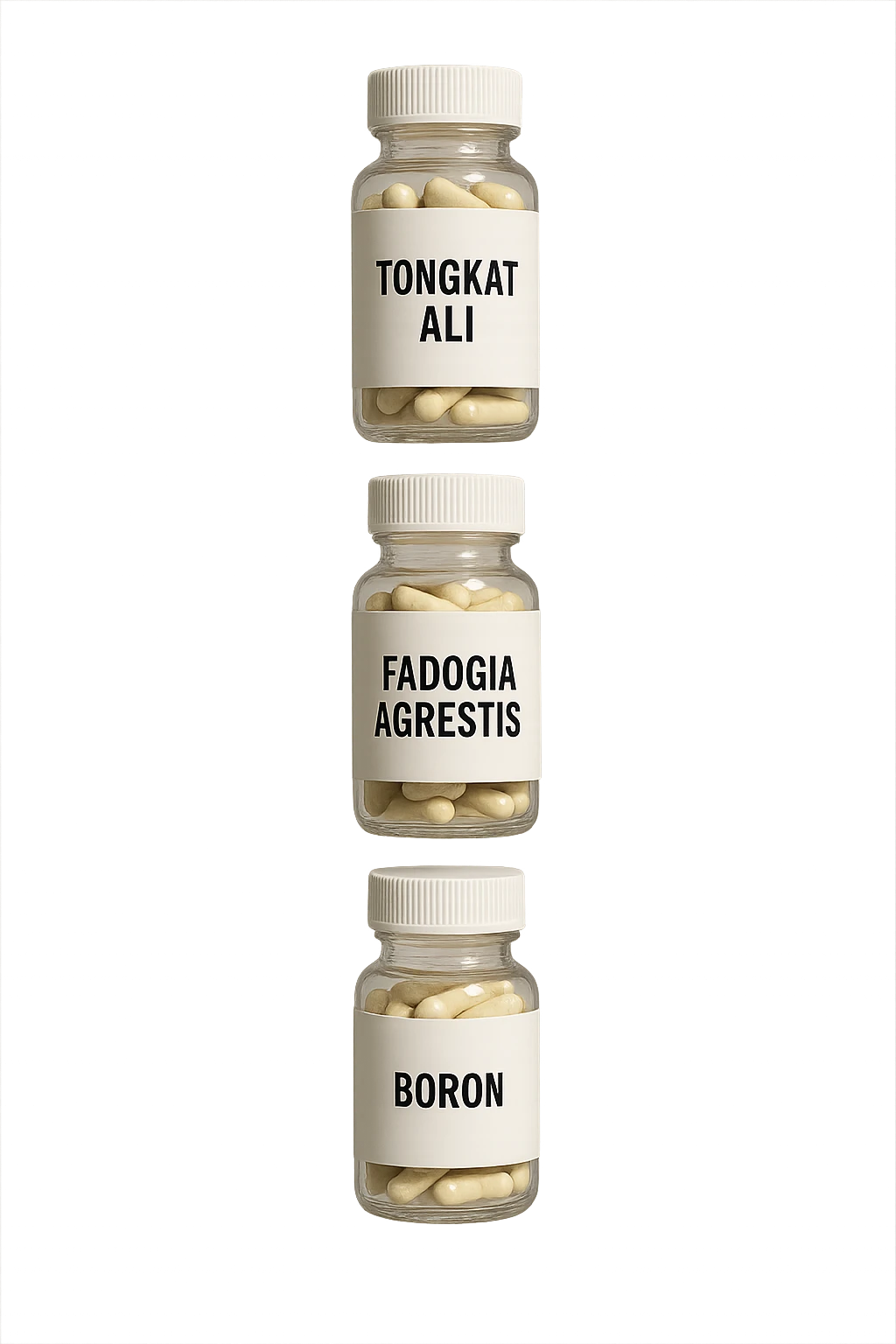 4 boccette di integratore: Tongkat Ali, Fadogia Agrestis, Boron e Zinco fluttuano in aria verticalmente emoji