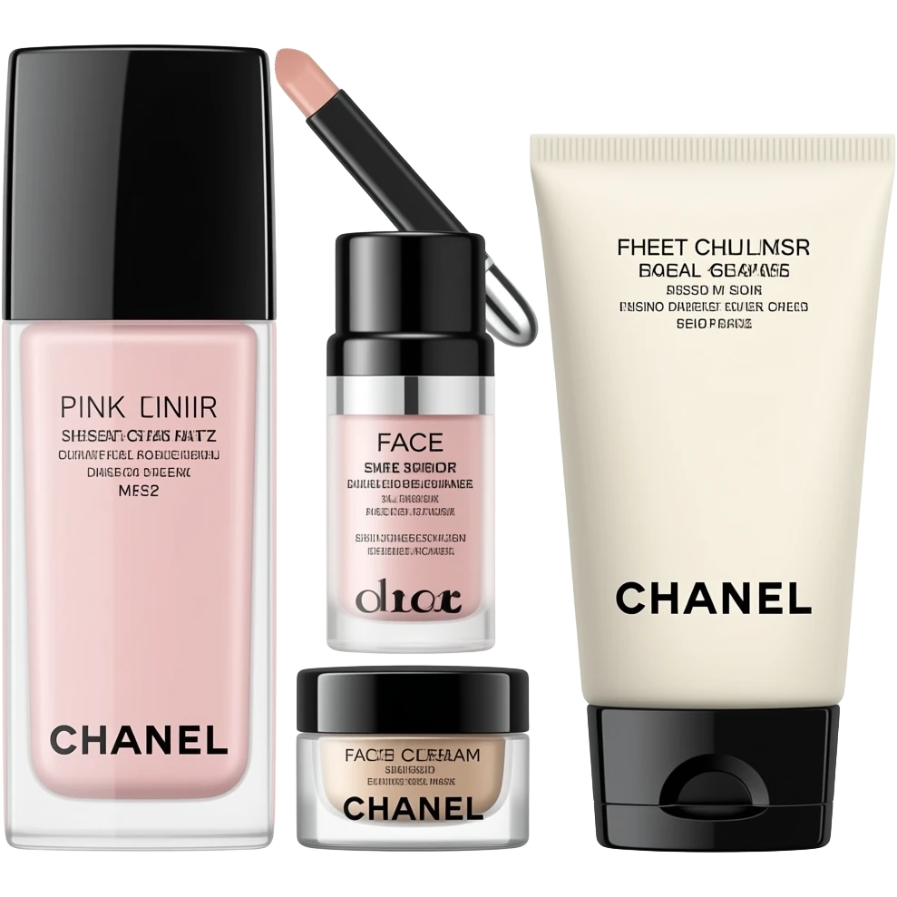 A Chanel pink toner, Dior eye cream, face cream, and Chanel facial cleanser, along with a sheet mask, are neatly arranged—a collection of skincare products. emoji