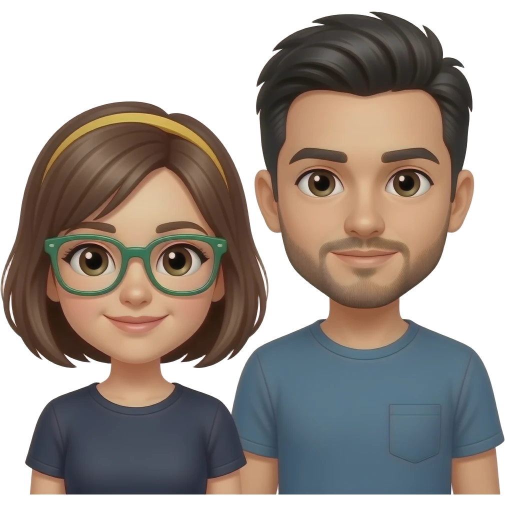 Chica con pelo corto marron con mechas rubias sin moña con gafas de pasta verde y al lado chico con pelo negro corto y baba corta con bigote corto pero que se note que tiene pelo los dos con ojos oscuros emoji