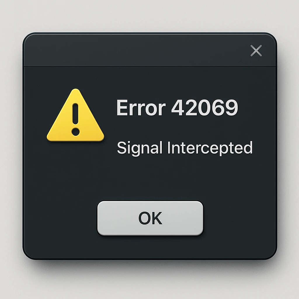 modern, realistic GUI error notification with 'Error 42069' and 'Signal Intercepted', including a believable warning icon and interface controls emoji