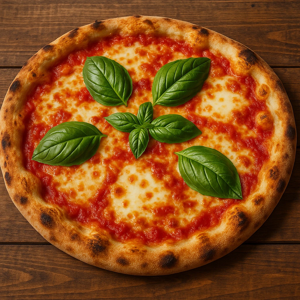 classic style whole margarita pizza with basil leaves emoji