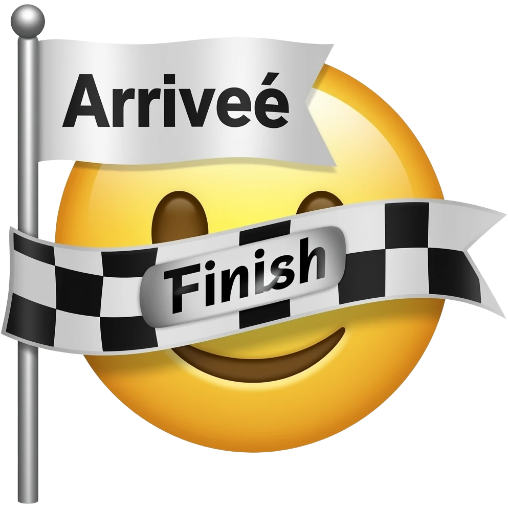 emoji ligne d'arrivée sans arrière plan, avec le poteau "Arrivéé" et la ligne avec les cases noirs et blanches  sur le bandeau "Arrivéé" écris "Finish" emoji