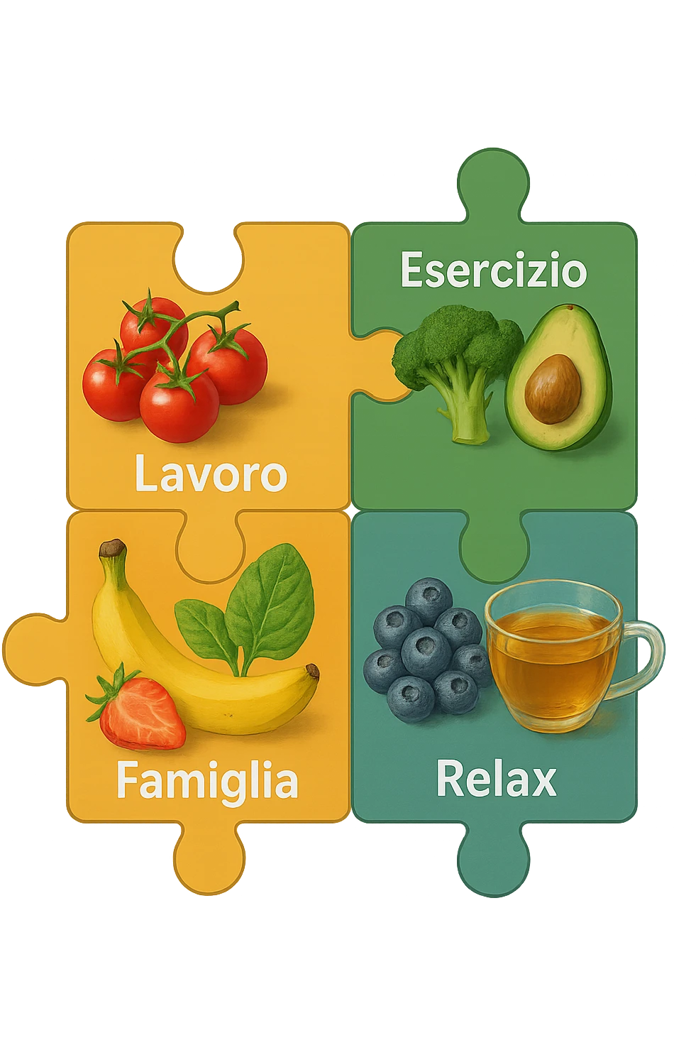 Puzzle (Lavoro, Esercizio, Famiglia, Relax), and healthy foods are integrated into each piece. in italiano emoji