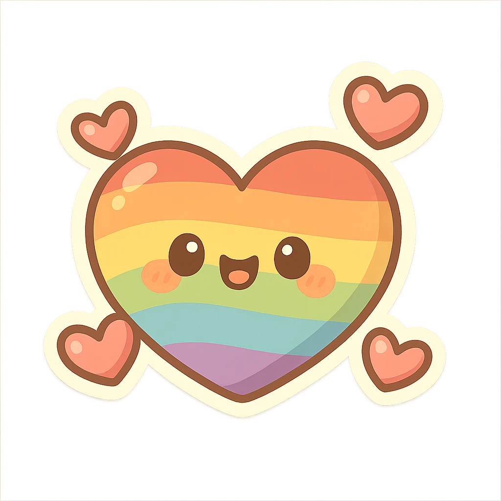 chibi sticker-style rainbow heart with three hearts, cute and exaggerated emoji
