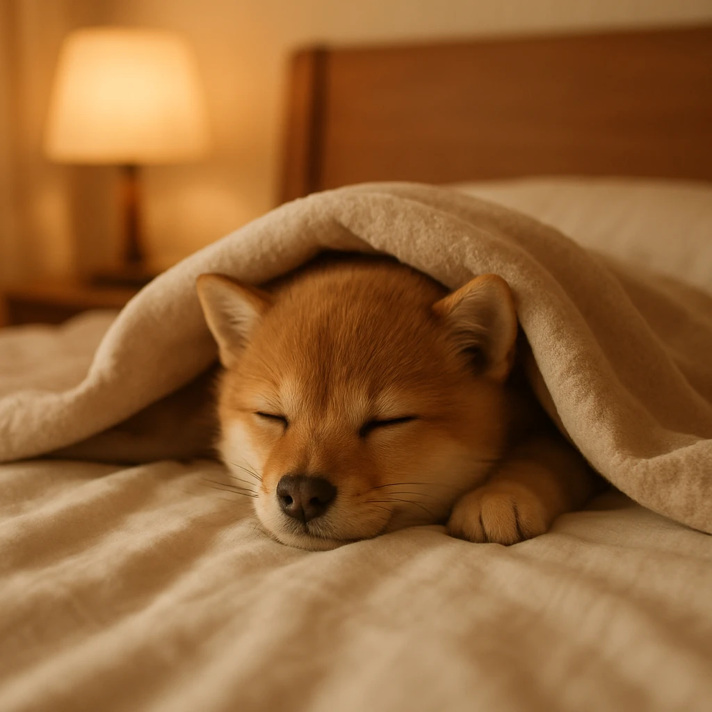 a cute animal tucked under a blanket in bed, cozy and sleepy, warm and soft environment emoji