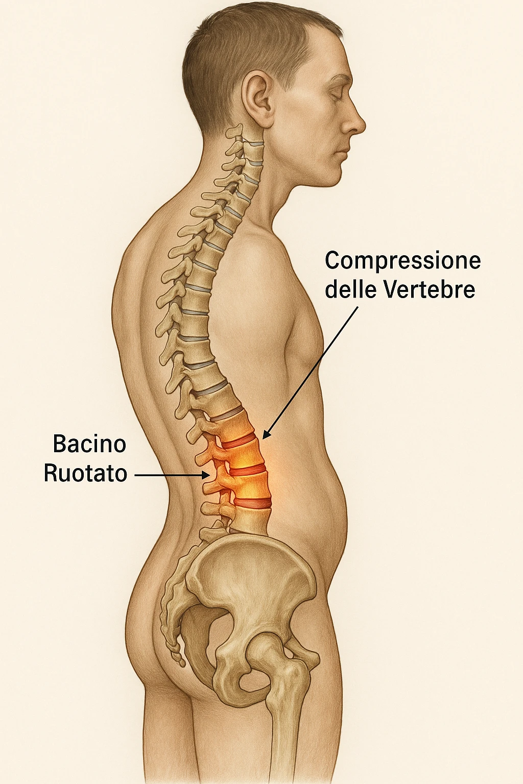 realistic anatomical image: human body profile with rotated pelvis causing vertebrae compression, vertebrae highlighted and captions in Italian, aspect ratio 2:3. emoji