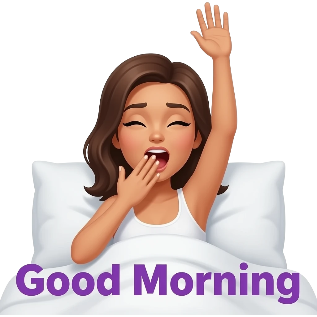 a naked woman waking up in bed with one arm fully stretched and yawning with the other hand covering her mouth. the words "Good Morning" in purple printed across emoji