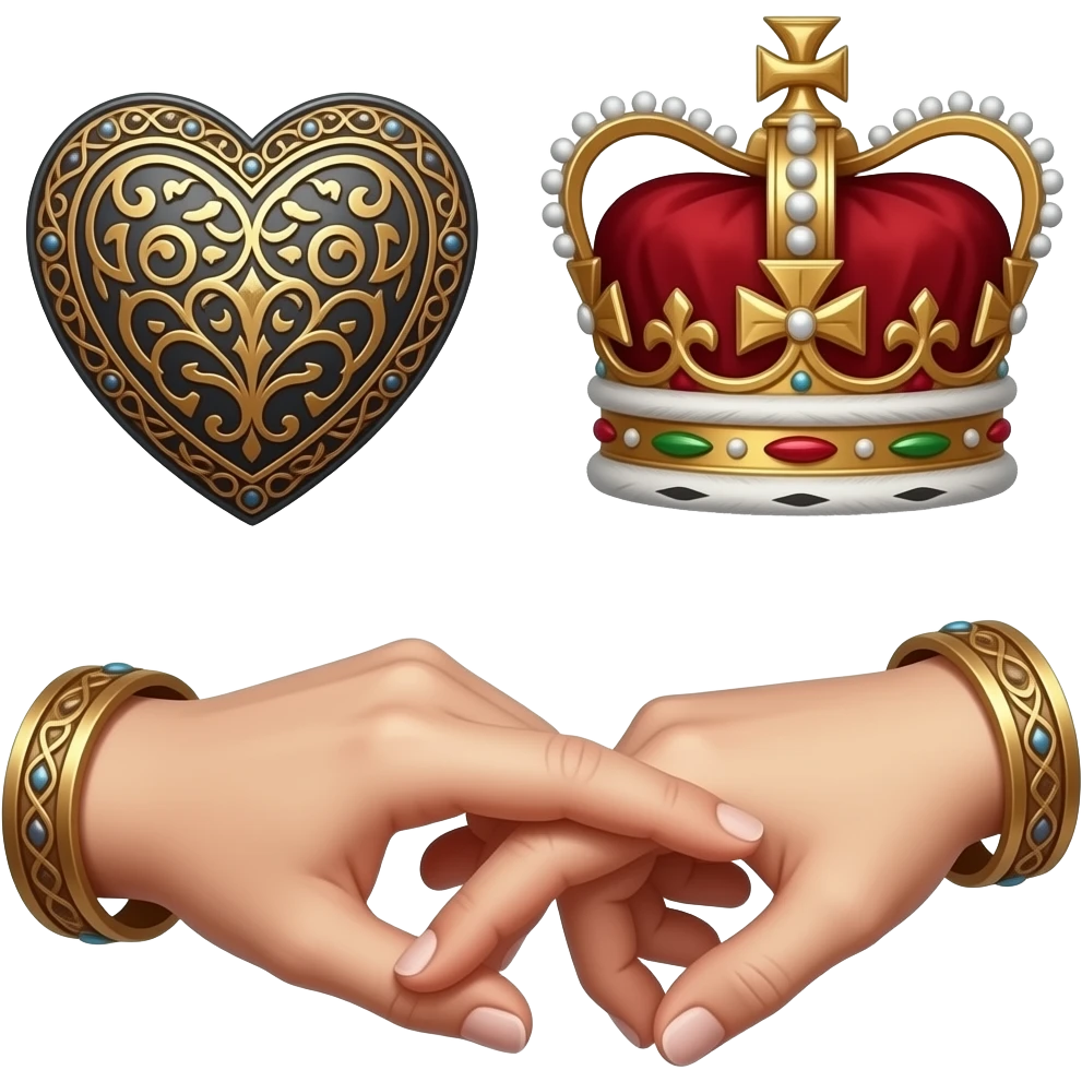 two elegant  hands with bronze bracelets touch with their fingers (fingers are facing down and palms are facing up)  a rusty heart richly ornamented with arabesques with a richly decorated royal crown, dramatic lighting - backlight emoji