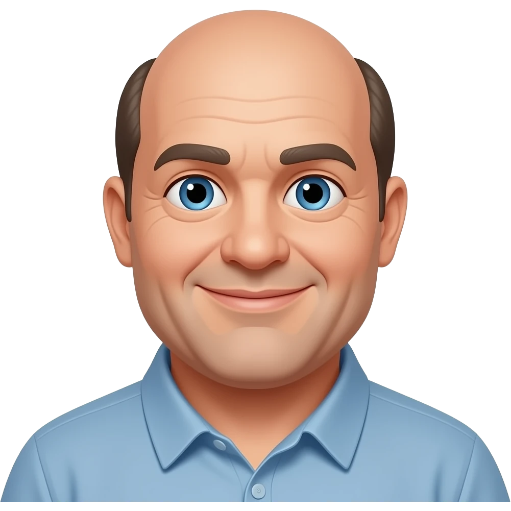 60 year old obese man, bald with hair on sides and near top of head, and blue eyes who looks very kind and friendly emoji