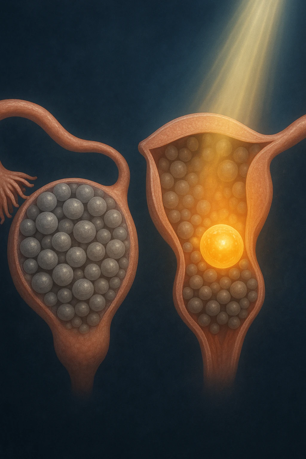 Scientific visualization of a polycystic ovary transforming. The ovary, initially filled with many small, dormant follicles like a cluster of grey pearls, begins to be nurtured. A focused, gentle light and nutrient-rich energy encourage one dominant follicle to mature and glow with a healthy, golden light, symbolizing successful preparation. emoji