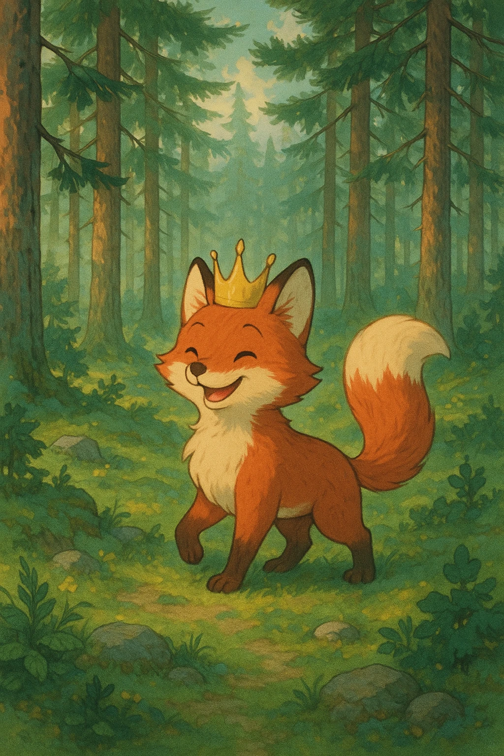 playful red fox with a golden crown, Scandinavian pine forest, dreamy and enchanting mood, Ghibli style emoji