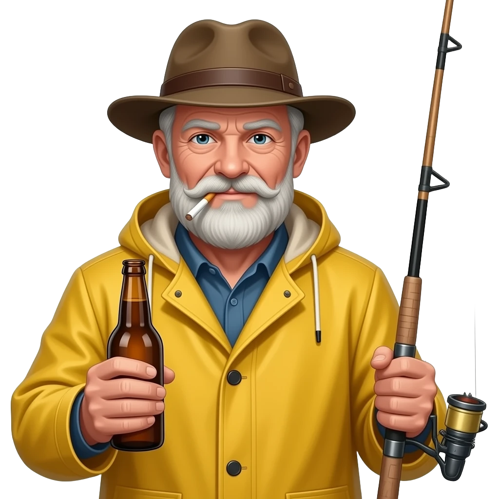 An old weathered fisherman wearing a yellow rain outfit and hat with a ciggarette hanging out of his mouth, a beer in one hand, and a fishing rod in the other hand emoji