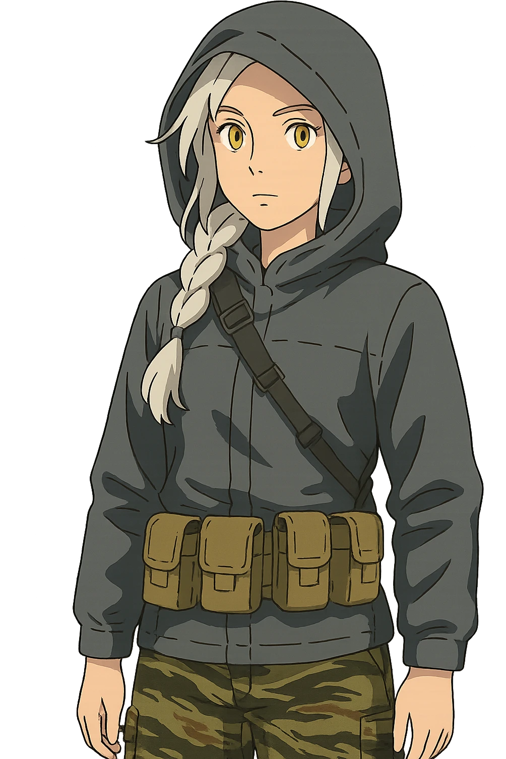 1 female, mid-20's  white hair long braid, gold yellow eyes, gray waterproof tactical shirt hoodie, hood up, single point sling, tan mag pouches on belt rig, tiger stripe camo pants,  emoji