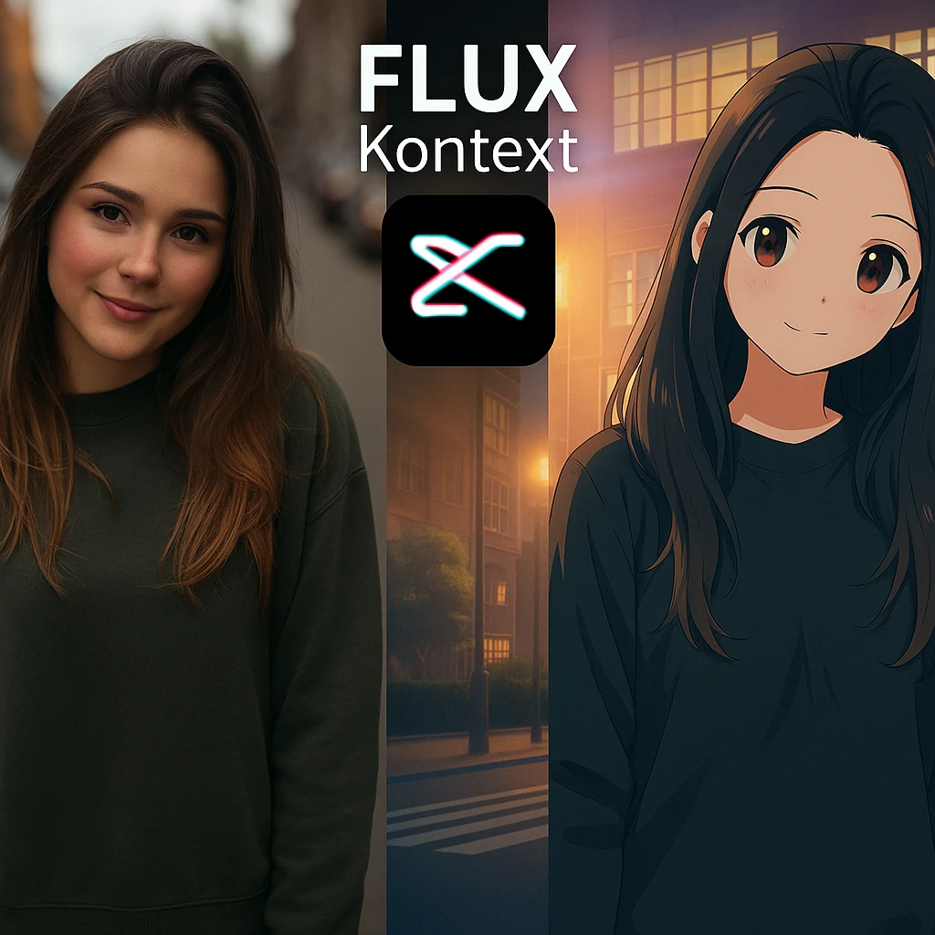 recreate this image and add logo of  text "FLUX Kontext" on top of it emoji