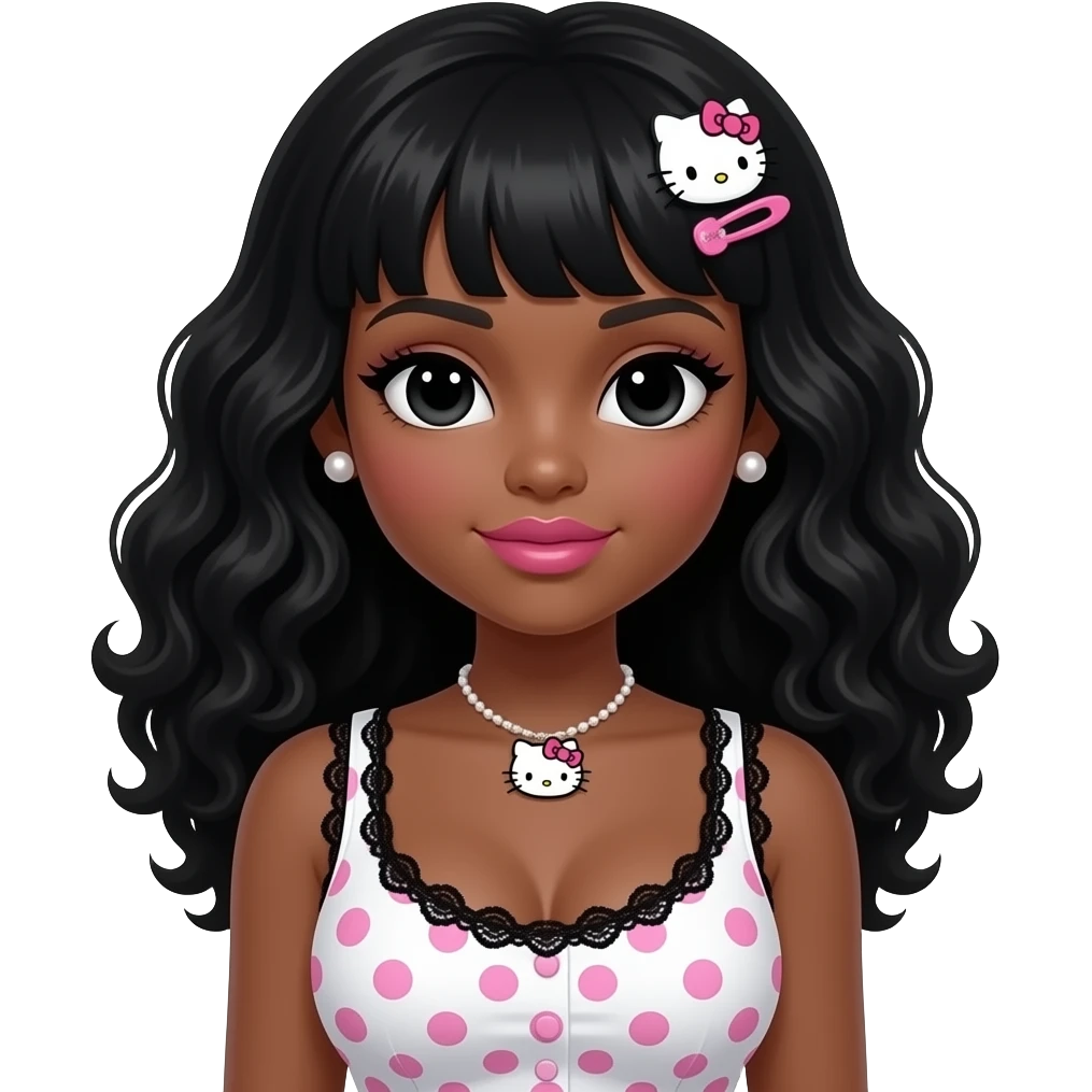pearl earring studs, black girl, pink lips, my melody hairclip, dark brown skin, Doll faced shaped, hello kitty necklace, bimbo, black doll eyes, Big lips, long curly black hair, with white or black lace pink polka dots with gyaru sleeveless shirt, with big breast emoji