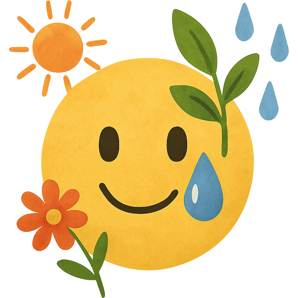 yellow face with raindrop on cheek, nature theme, digital illustration emoji