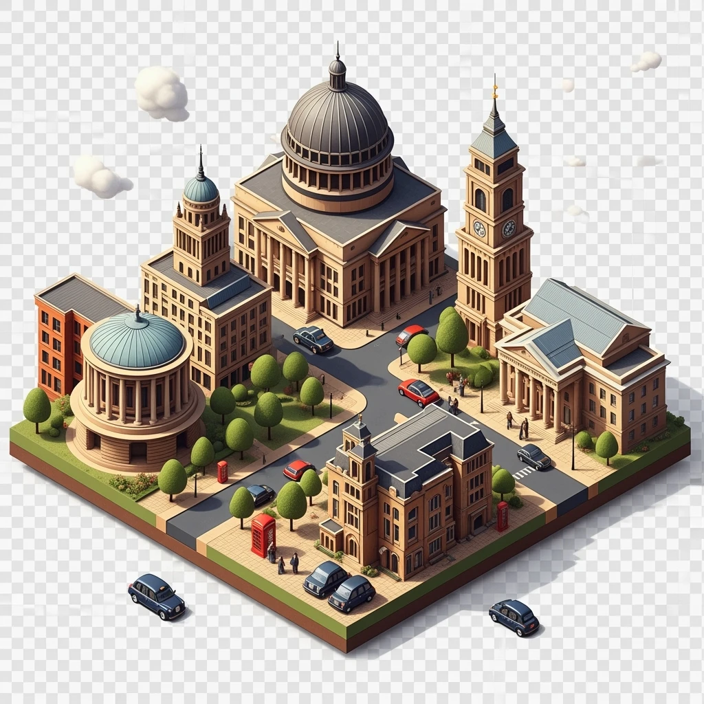 Isometric illustration of Birmingham, balanced between stylized and realistic, 3D miniature effect, transparent background. emoji