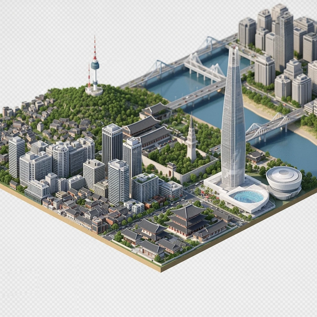 Isometric diorama of Seoul typical houses, Namsan Seoul Tower, Gyeongbokgung Palace, Lotte World Tower, Dongdaemun Design Plaza, and Han River bridges, 3D miniature effect and Tilt Shift effect, no cartoonish look, transparent background. emoji