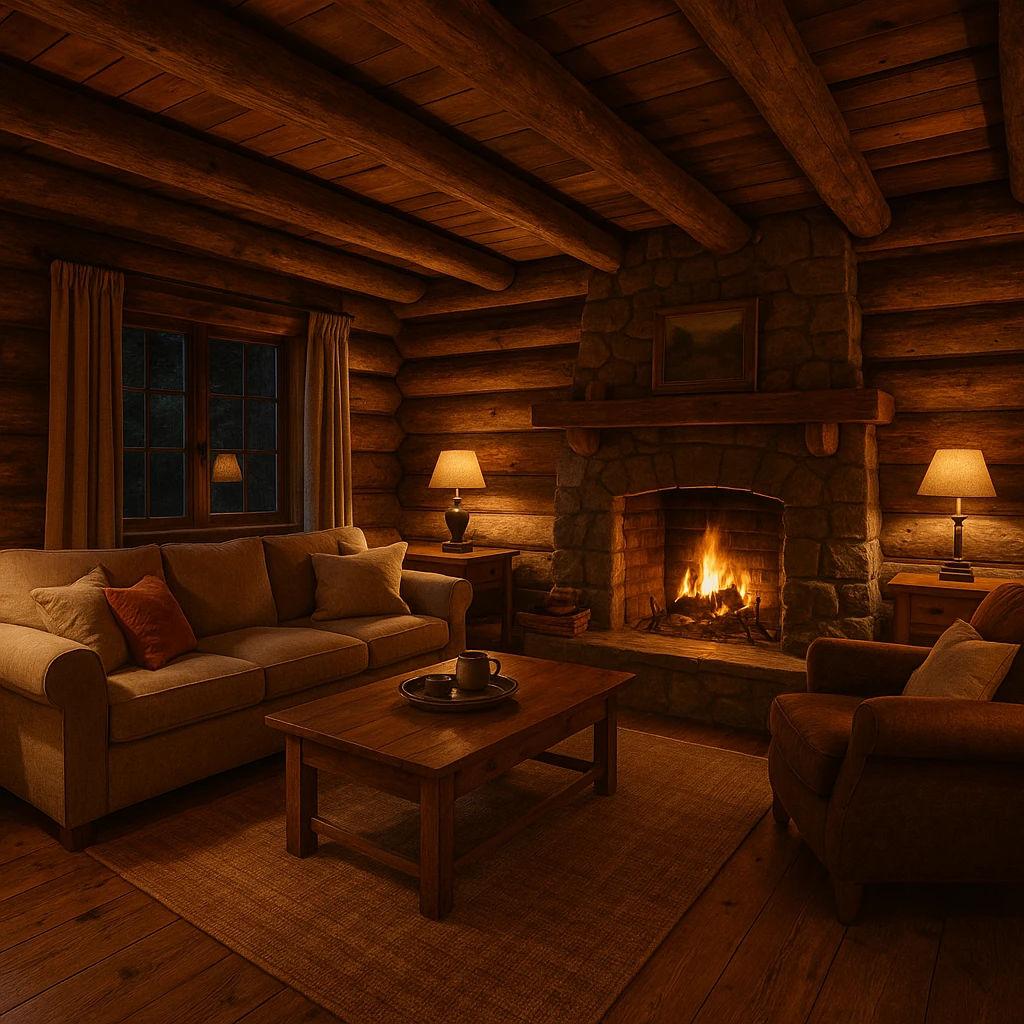 cozy rustic cabin interior with wooden beams, warm lighting, inviting atmosphere emoji