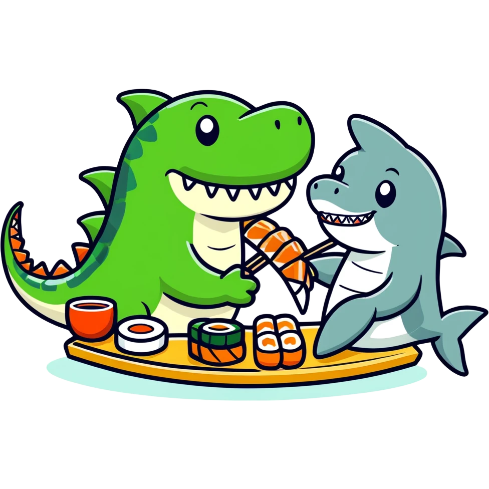 Un cocodrilo y un tiburón comiendo sushi emoji