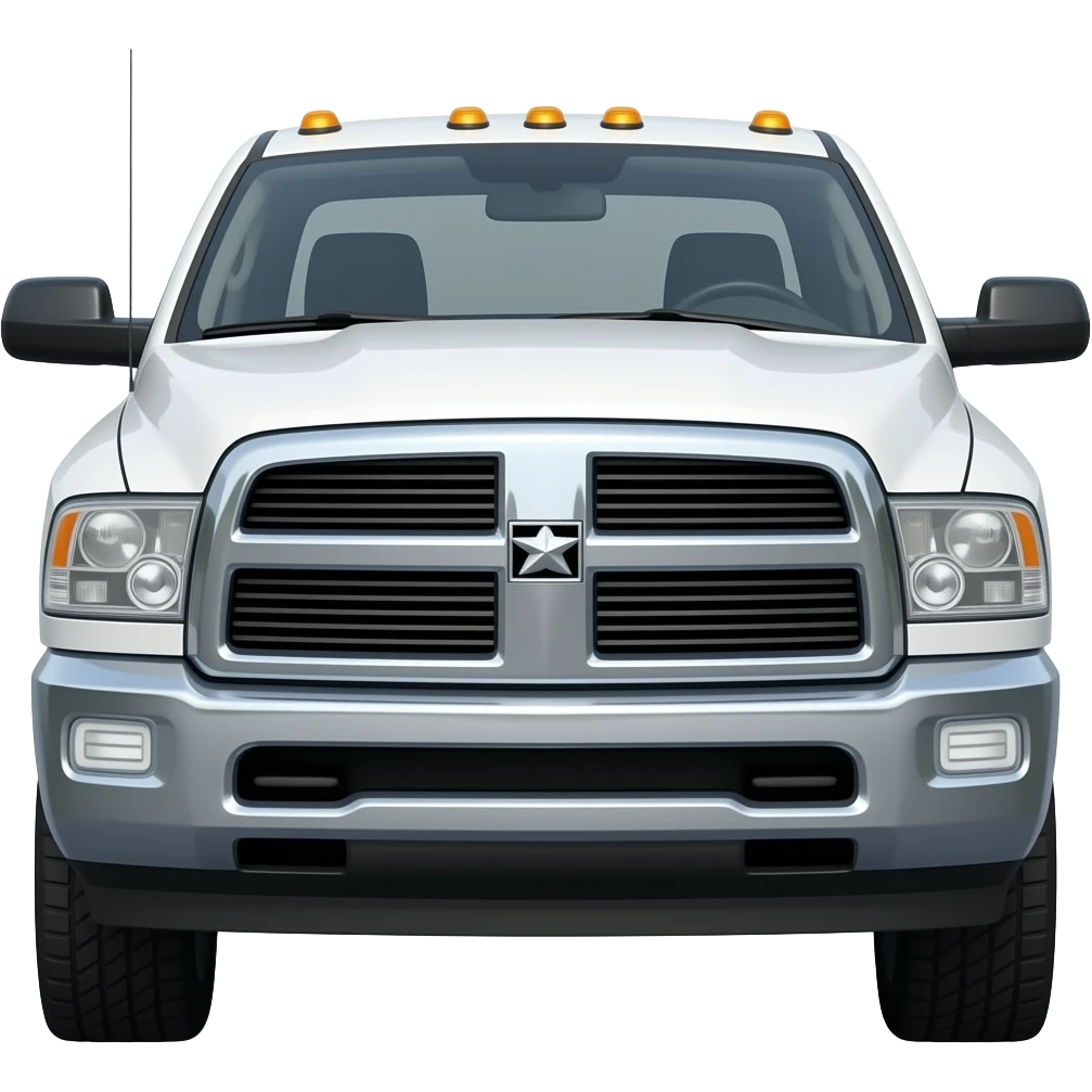 White ram 2500 Cummins with yellow clearance roof lights, chrome grill and bumpers, trailer tow mirrors, front side view emoji