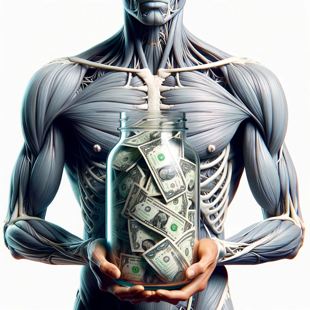 corpo umano anatomico che ha in mano un barattolo di vetro pienissimo di banconote, iperrealistica 4k, isolato su sfondo bianco emoji
