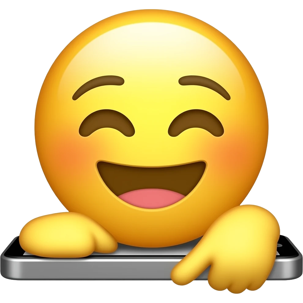 create me a yellow emoji, leaning on his smartphone pointing down emoji