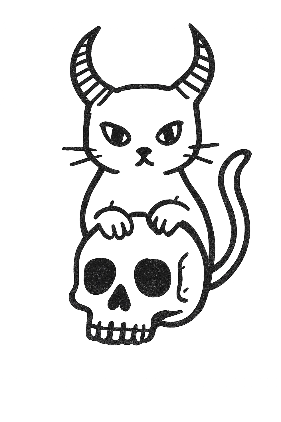 black cat with large demon horns, front paws resting on a human skull, hand drawn style, bold lines, no fill emoji