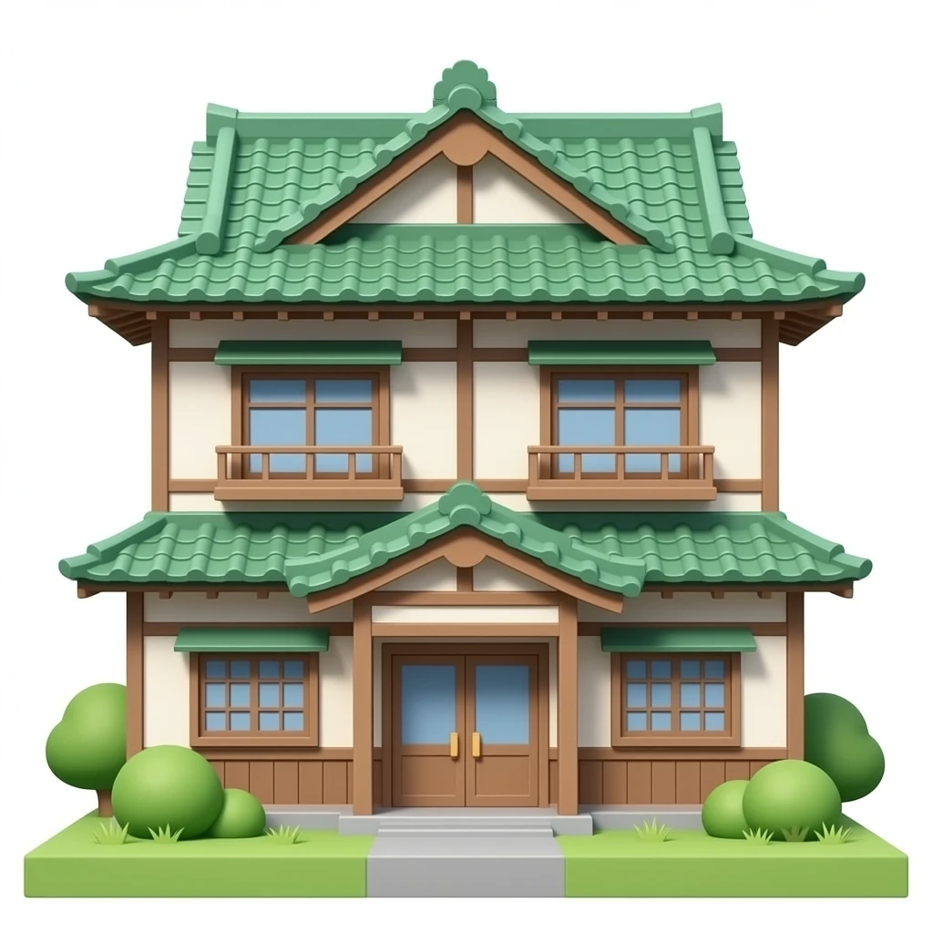 Japanese double floor house with green roof old style no background only house 3d png front look emoji
