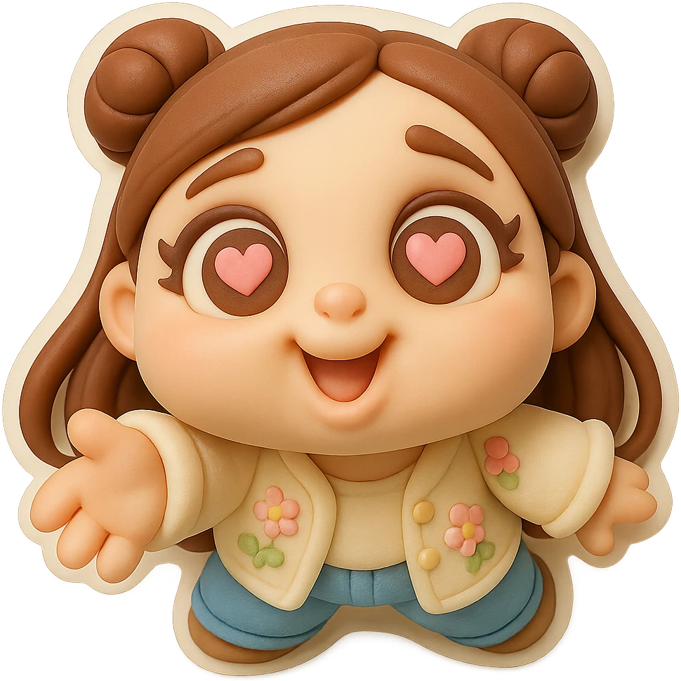 Create a 3D chibi fondant cake art style image of a girl based on the reference image, preserving facial features. She has long brown hair styled in two space buns, brown eyes with soft pink hearts in them expressing love, wearing jeans and a pastel floral cardigan. The image should have a thick white outline like a sticker and a transparent background. The face is extremely close to the camera with a fisheye effect, as if stretching her face toward the viewer in adoration. High-quality rendering with smooth shadows and soft gradients. emoji