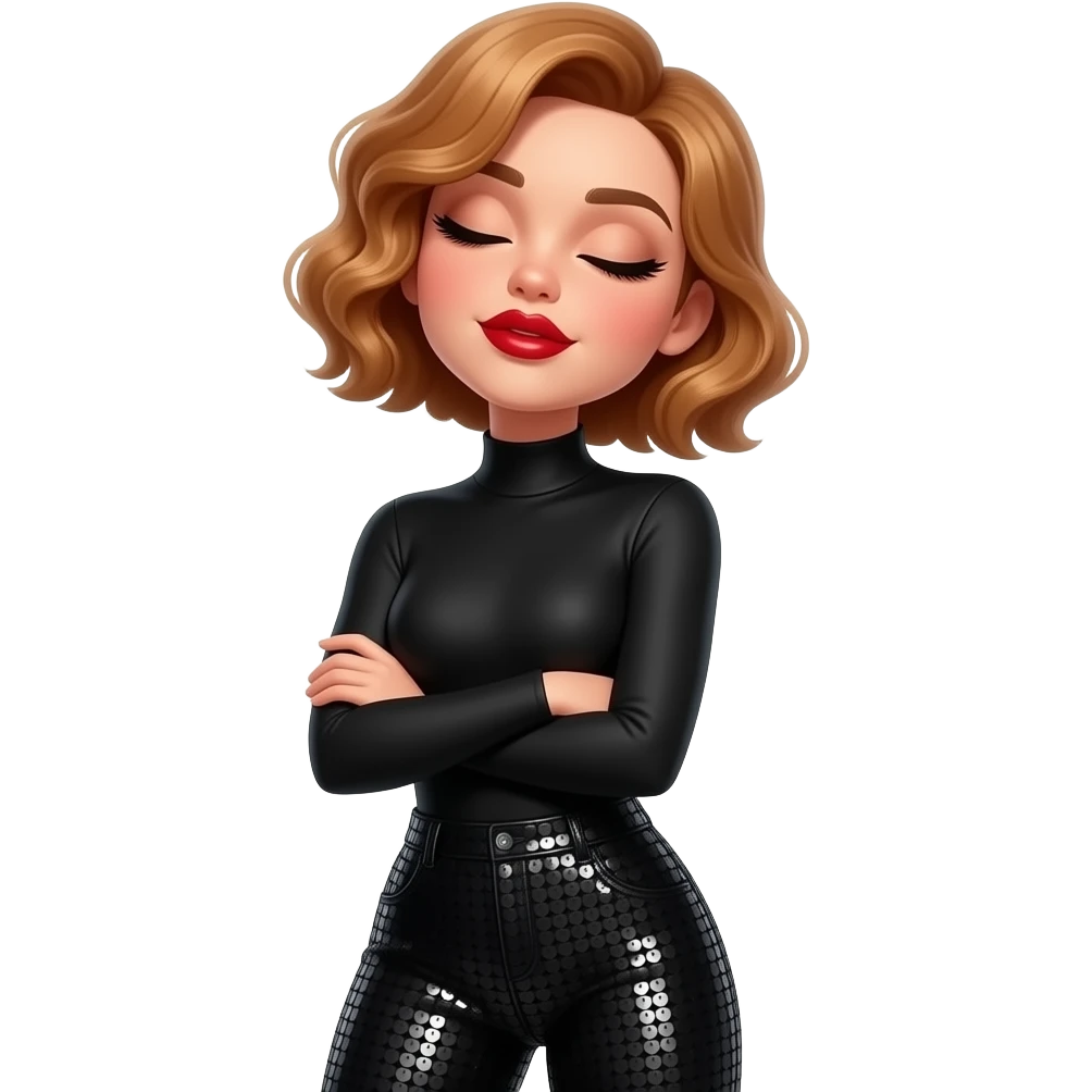glamours,-tanned,-very-beautiful-woman-with-big-plump-red-lips,-long-long-lashes,-honey-silky-very short- hair,-wavy-hair,-hazel-eyes- wearing-black-Long-sleeved-bodysuit-and-black-sequinned-pants-eye-half-closed-with-pupils-up-&-mouth-closed-arms-crossed-throwing head back-waist-up emoji