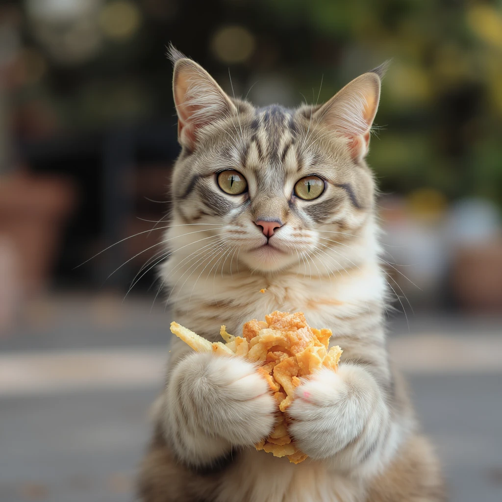 realistic cat carrying food, detailed and lifelike style emoji