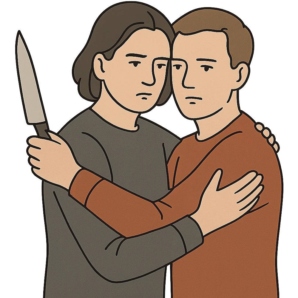 a person holding a knife in one hand, hugging another person, both with neutral expressions, clear body language, no background emoji