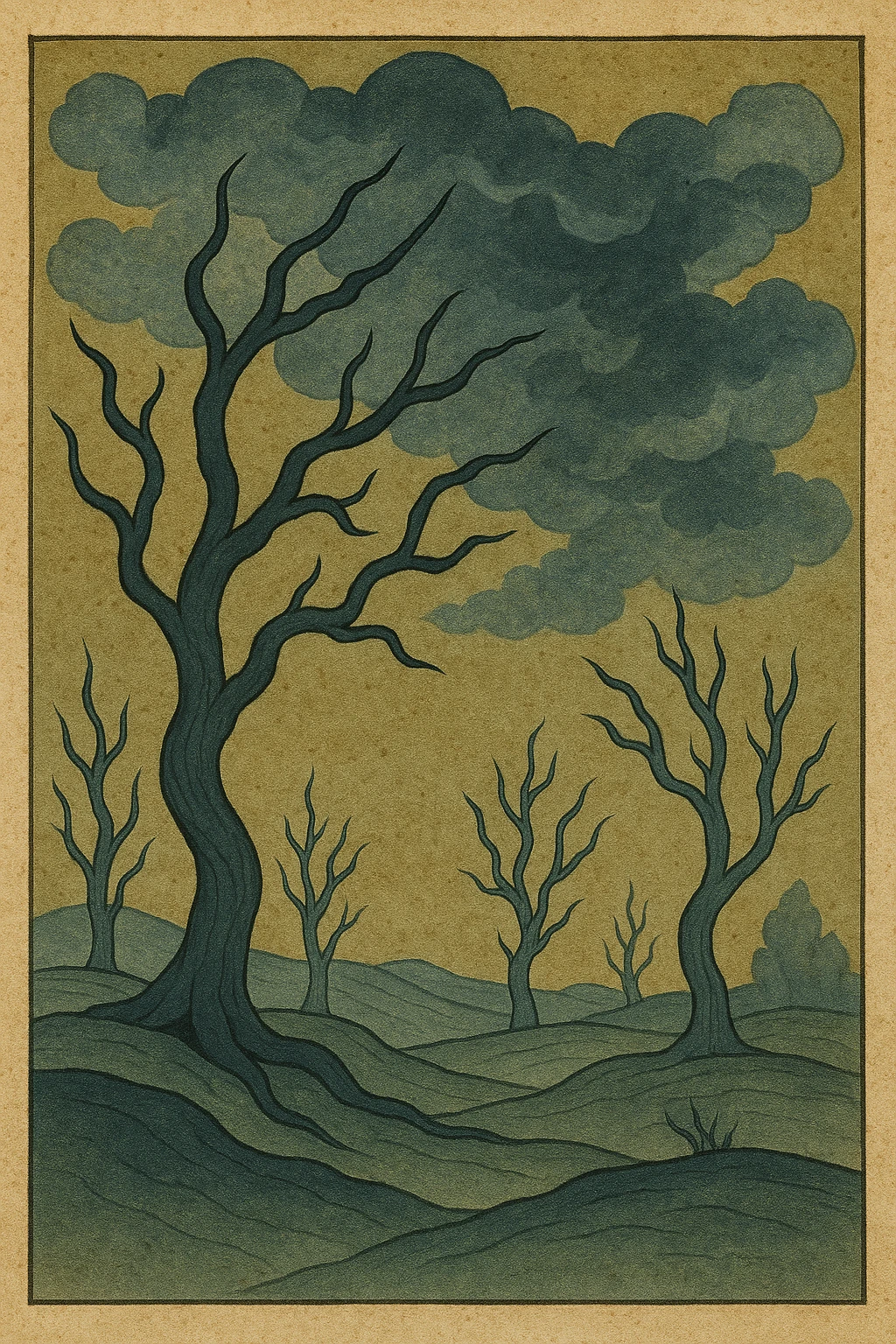 Add an ornate frame and increase the level of detail in the landscape painting, preserving the stormy sky, twisted trees, and gothic atmosphere. Enhance the intricate textures and depth to evoke a medieval art style with rich, atmospheric elements. emoji