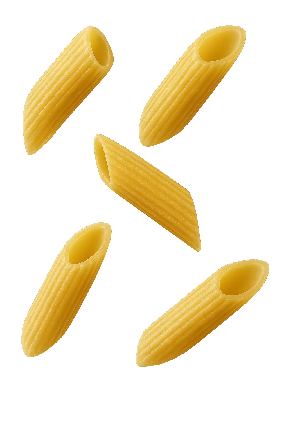 5 PENNE DI PASTA RIGATE FLUTTUANO IN ARIA,  iperrealistico 4k emoji