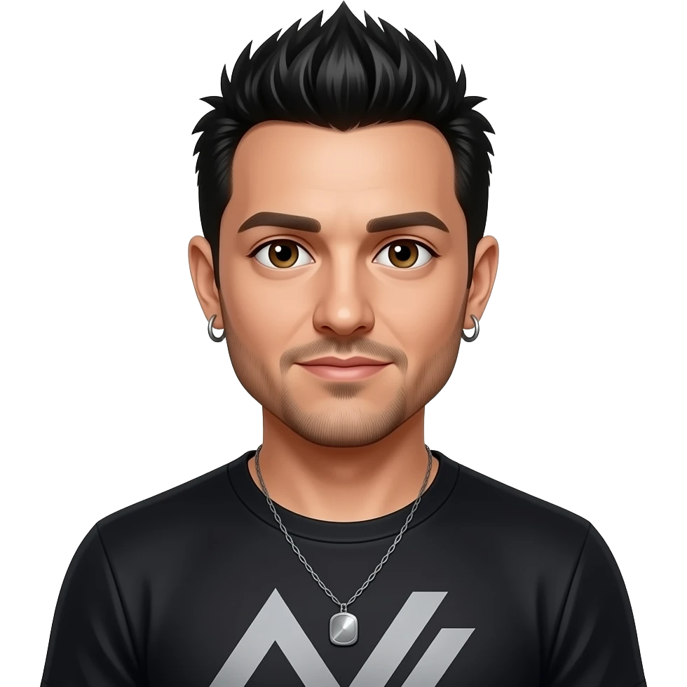Joe Hahn from Linkin Park with dark brown eyes, black spiky hair, black metallic t-shirt, necklace emoji