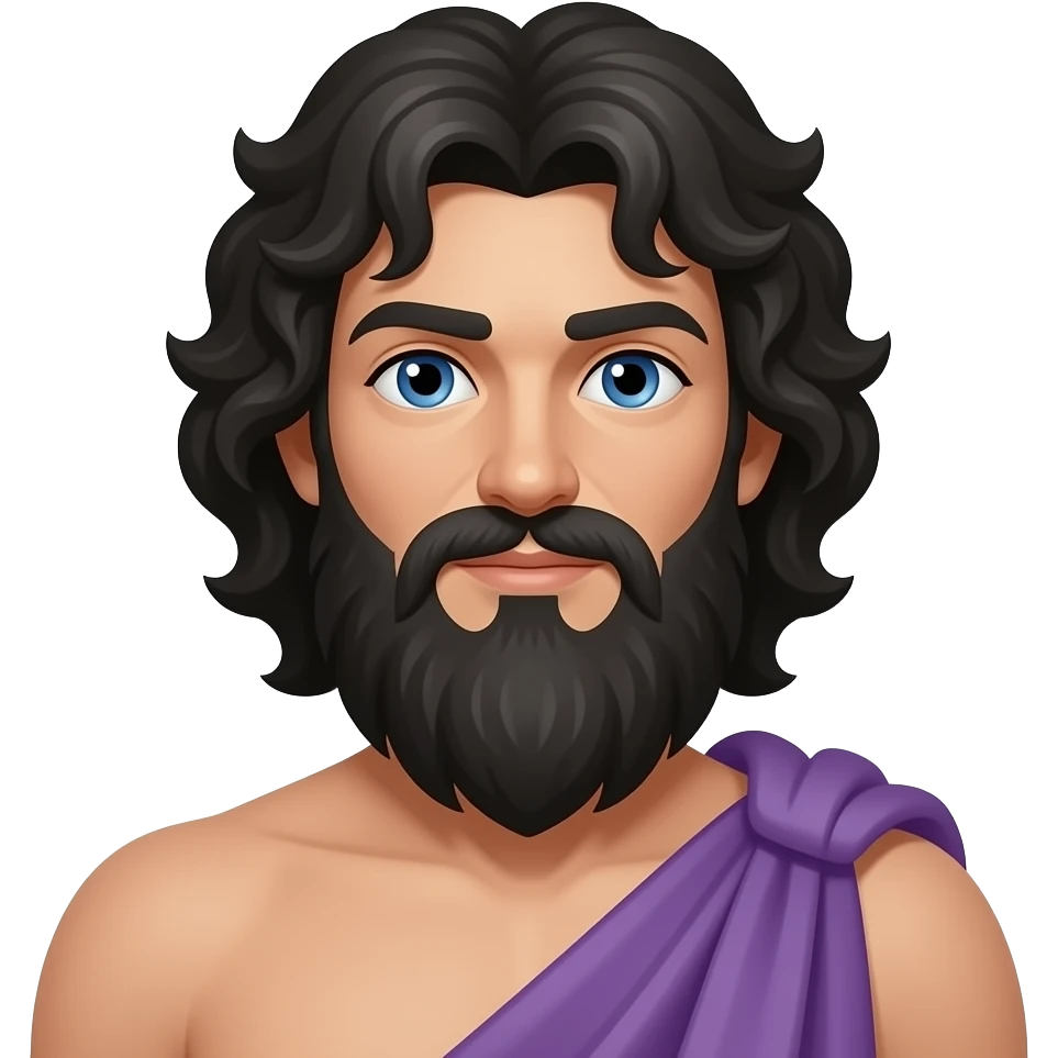 Jupiter from Roman Mythology with blue eyes, long black curly storm cloud hair and beard, pale purple cloak, shirtless emoji