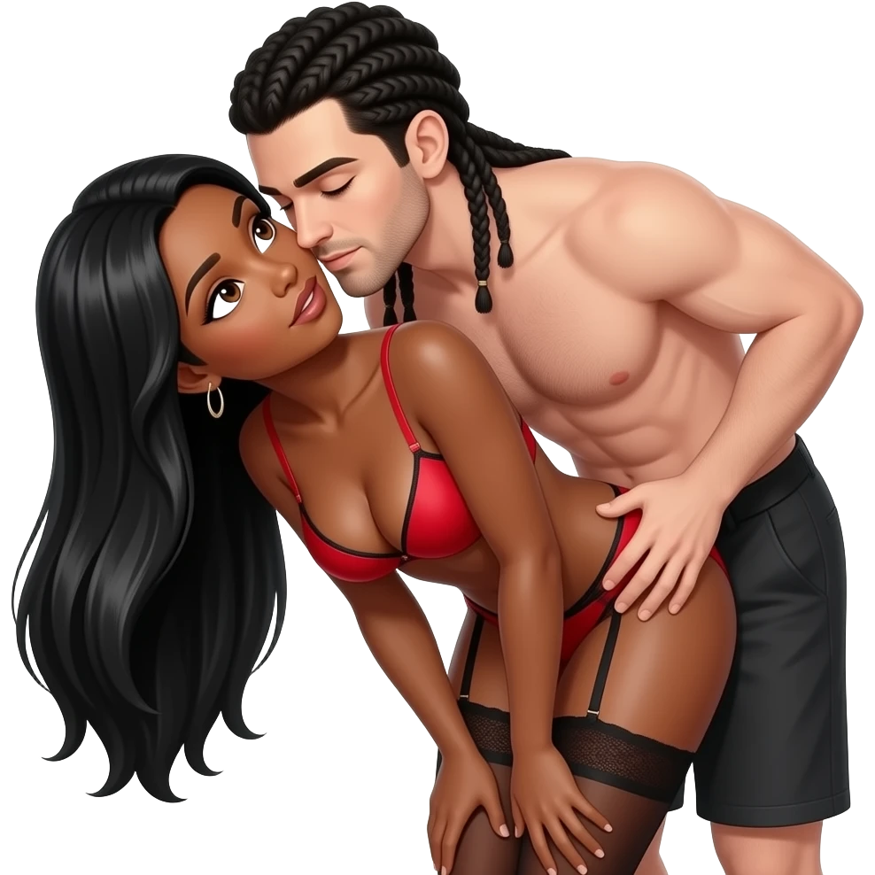 Lightskin black woman with brown eyes & long black straight hair wearing only a sexy red bra bent over having sex with a skinny white man with braids that come down to neck emoji