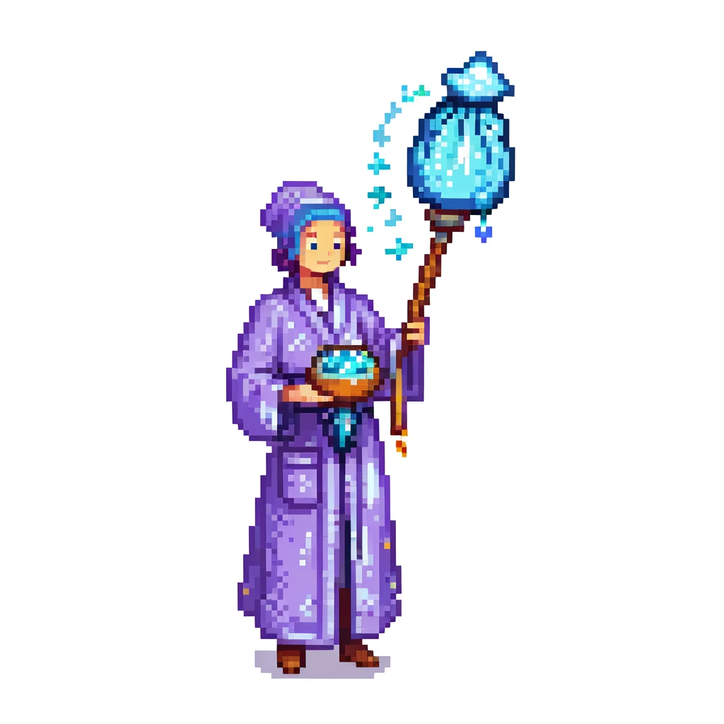 Portrait of a galactic baker in skeuomorphism style, same pose and lighting as previous levels, wearing a nebula-textured robe, holding a galaxy-shaped whisk, glowing flour particles floating around emoji