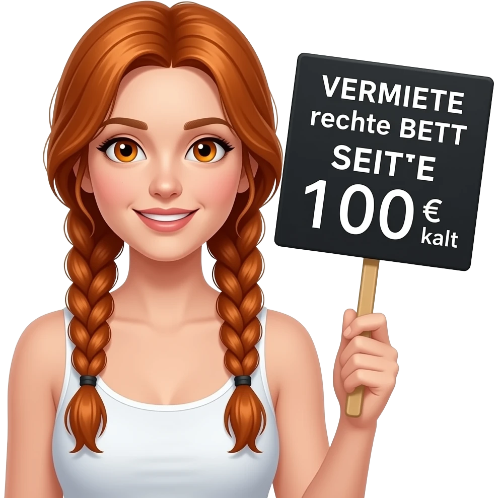 sexy girl with long ginger braids and ginger eyes wearing a white tanktop is holding a black sign with VERMIETE rechte BETT SEITtE 100€ kalt written on it emoji