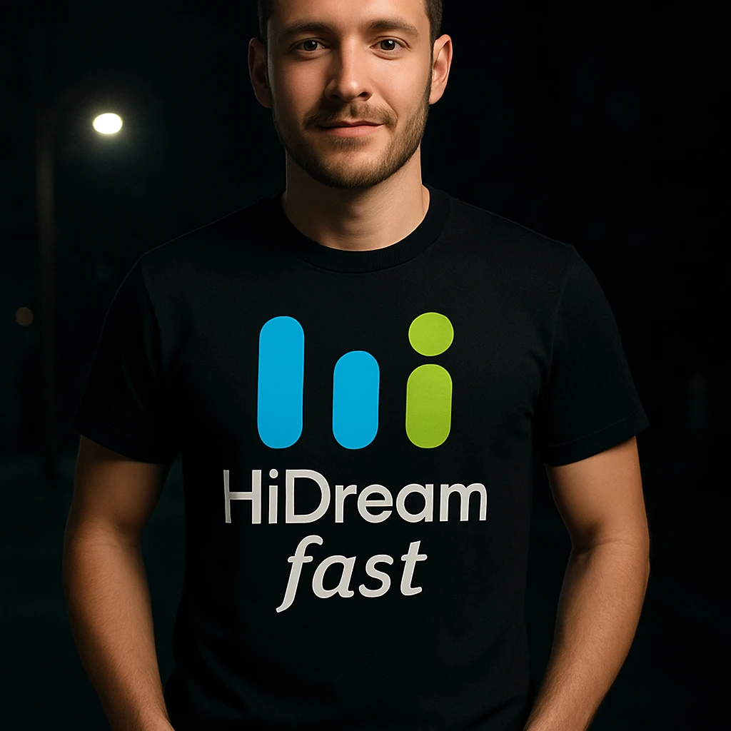 man wearing tshirt with this logo, dark night background with dim , add fast below logo, make man fit into image emoji