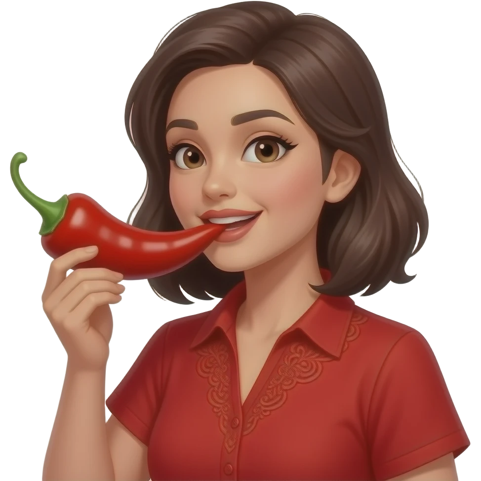 red cloth woman eating very larger Chilli emoji