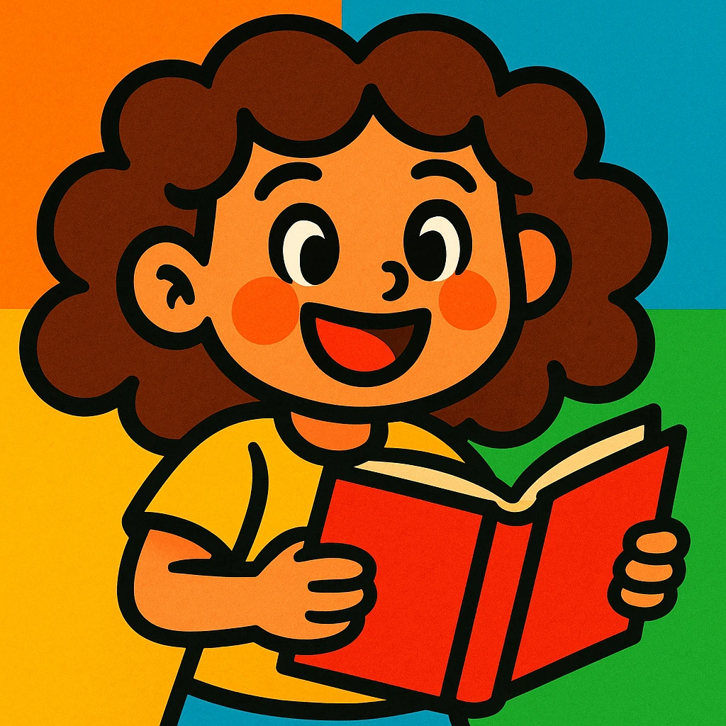 girl with brown curly hair holding a book, vibrant cartoon style emoji