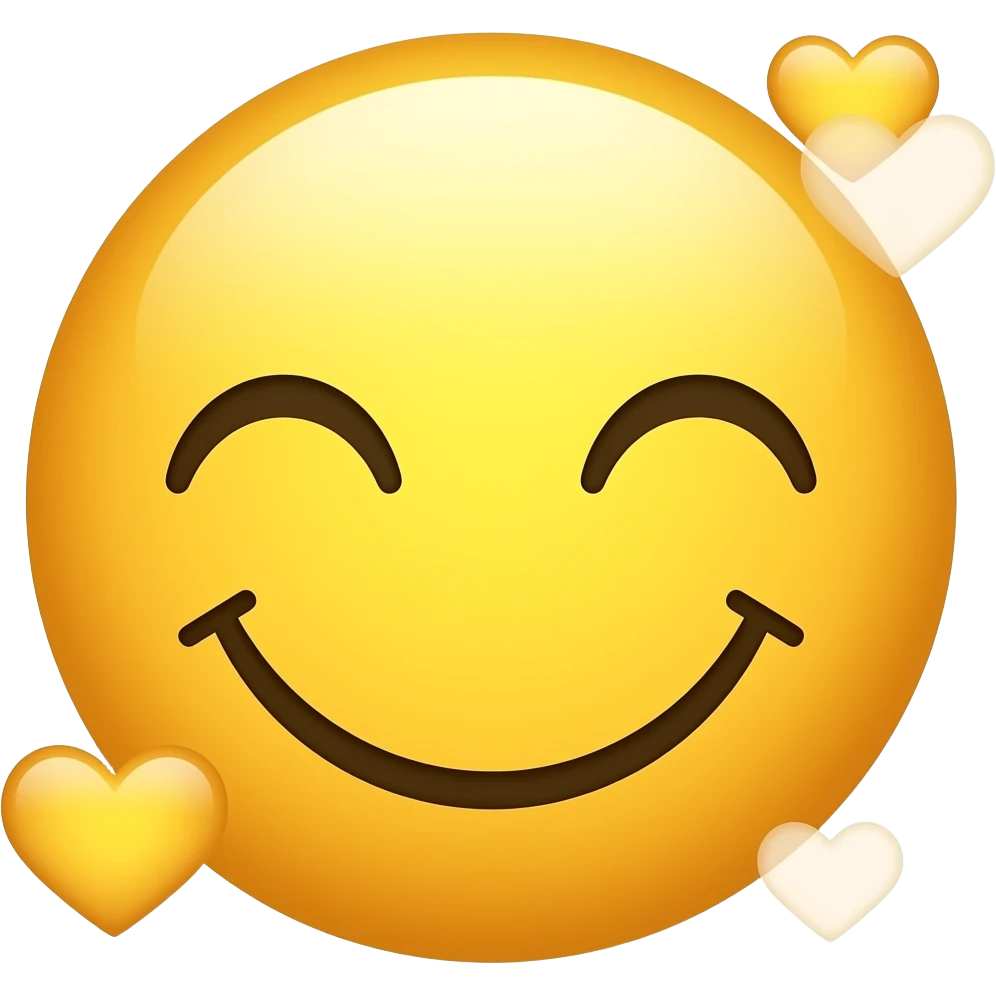A yellow round emoji face that is smiling with closed eyes and feeling loved with hearts around it emoji