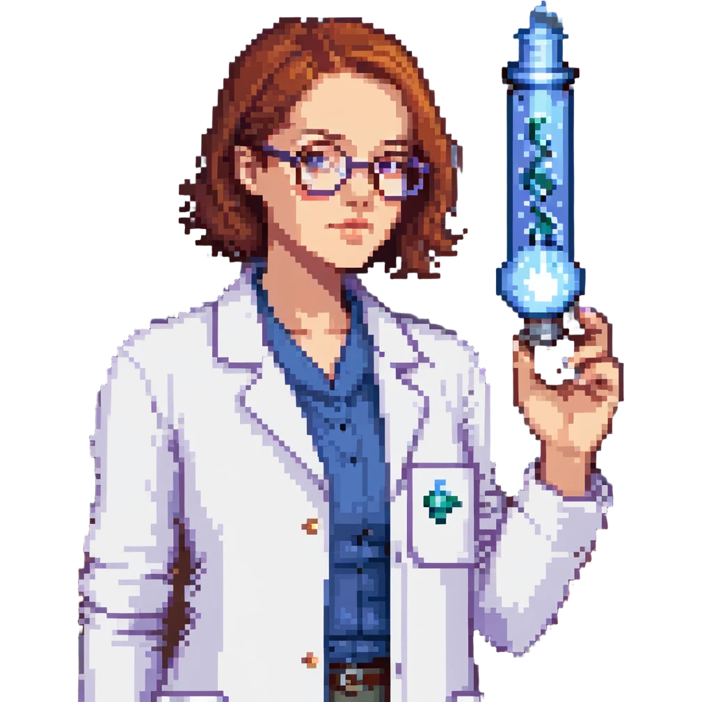 Flat pixel art, a female chemist, wearing glasses, white lab coat over indigo shirt, focusing on lab experiment, holding a flash in her right hand, waist-up, front-facing emoji