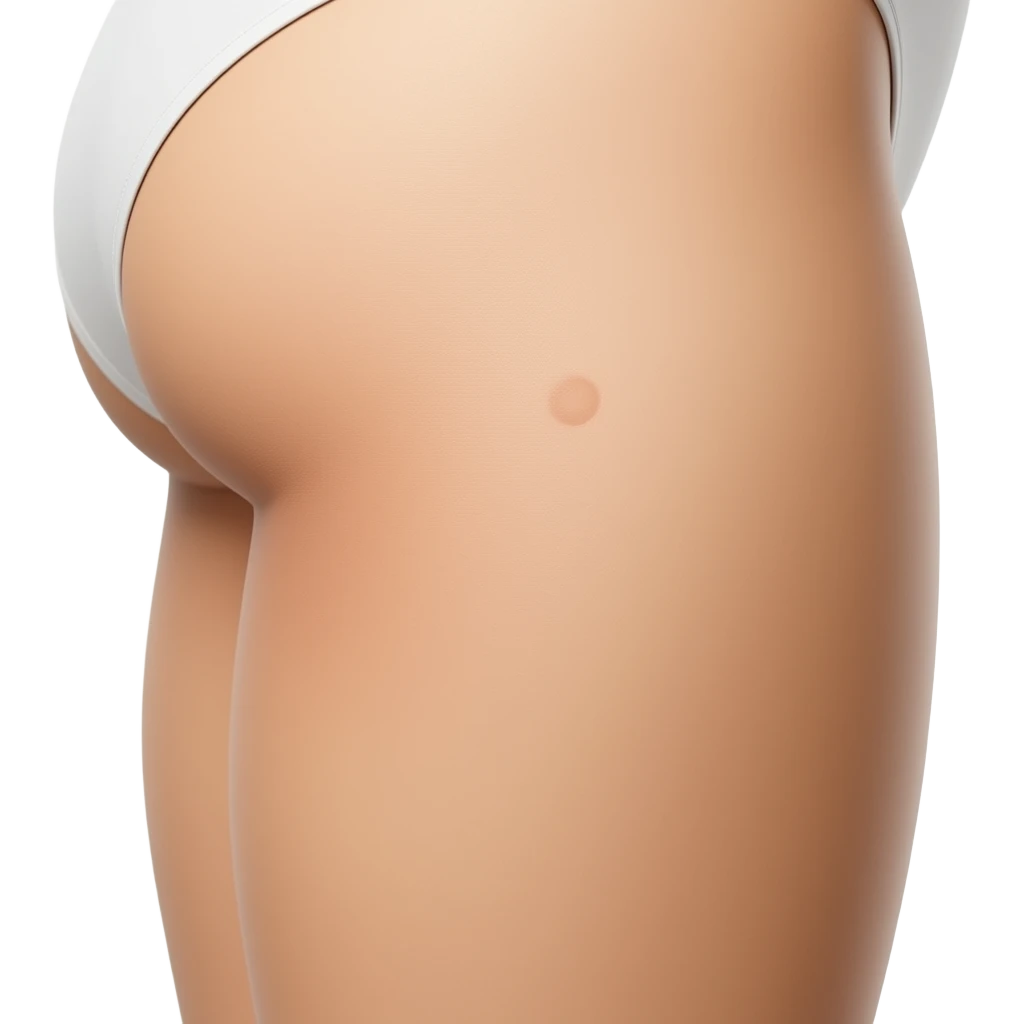 Close-up of the back of a person’s upper thigh (hamstring area), showing a small circular scar or mark on otherwise smooth, even-toned skin, natural skin texture, minimal aesthetic, soft studio lighting emoji