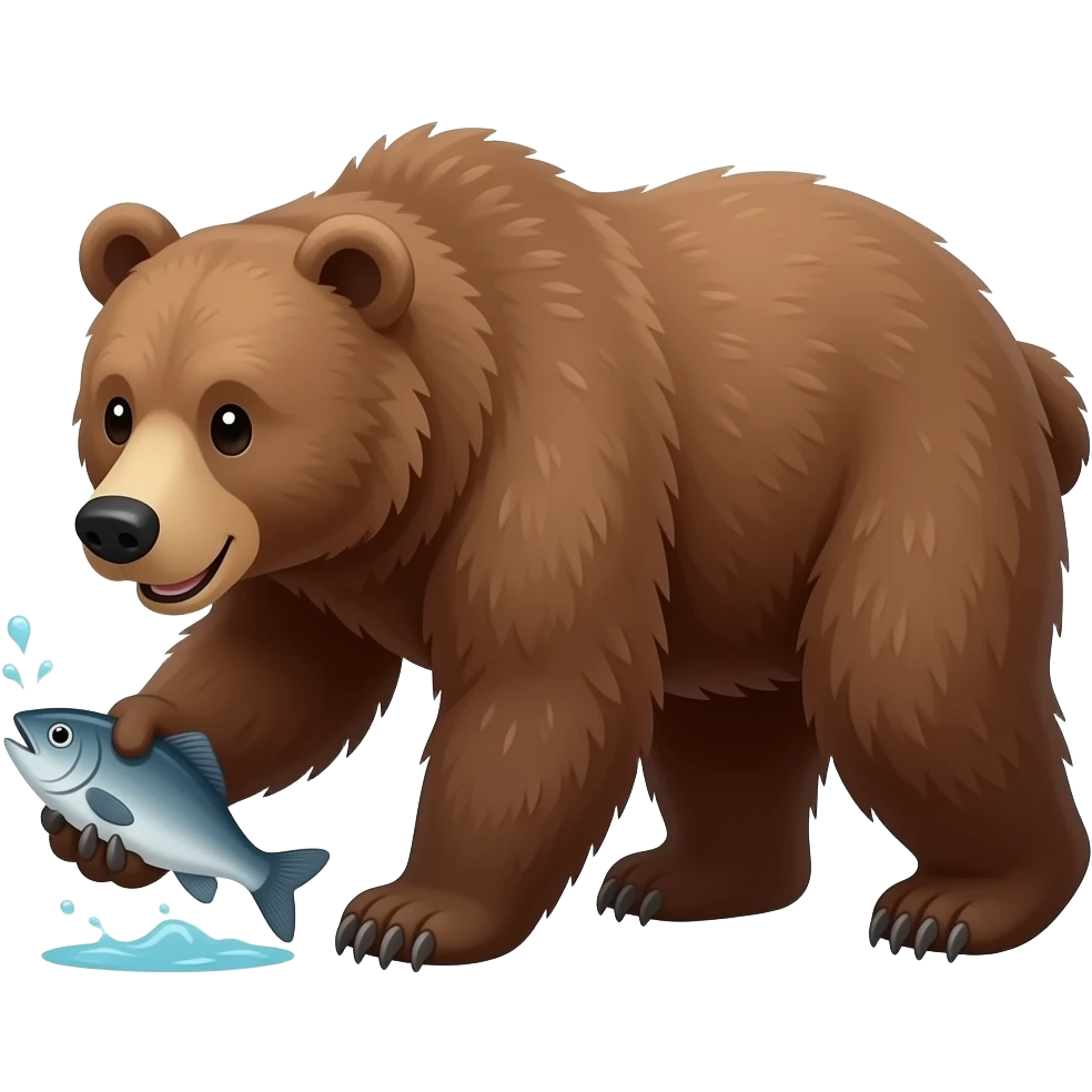 Cartoon brown bear on fours cathing a fish emoji