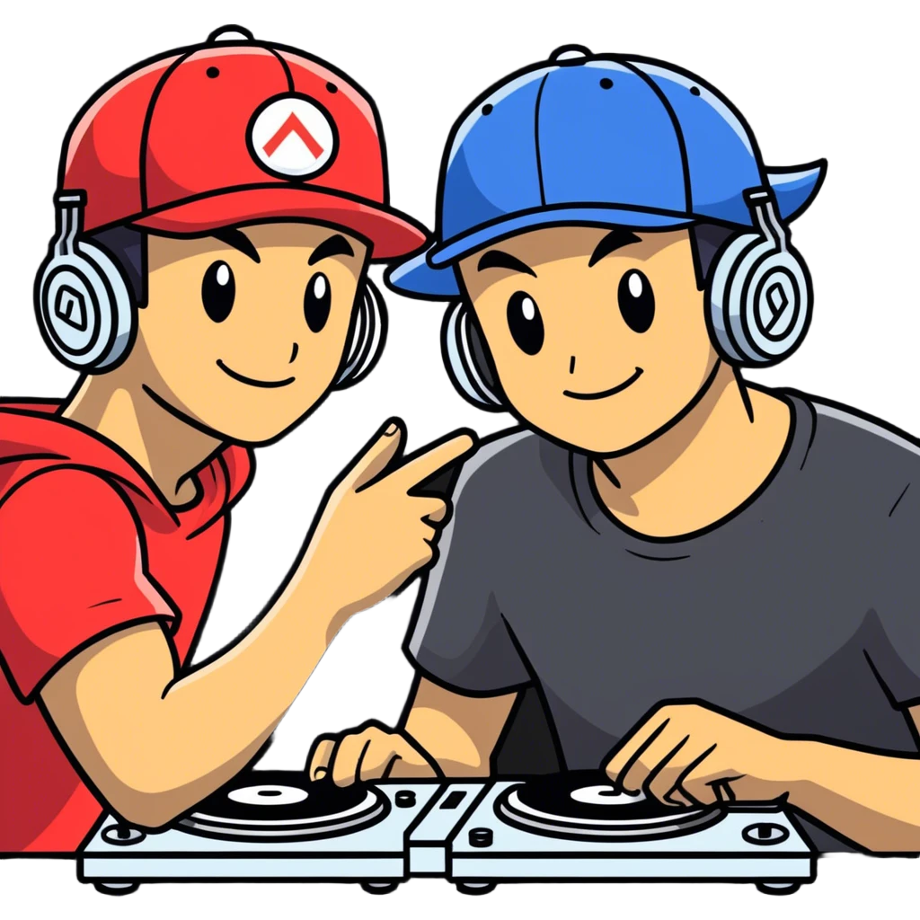 Hot handsomeb muscular 6ft tall smiling happy clean shaven ash ketchum being a  dj and his music rocks while kissing two friends emoji