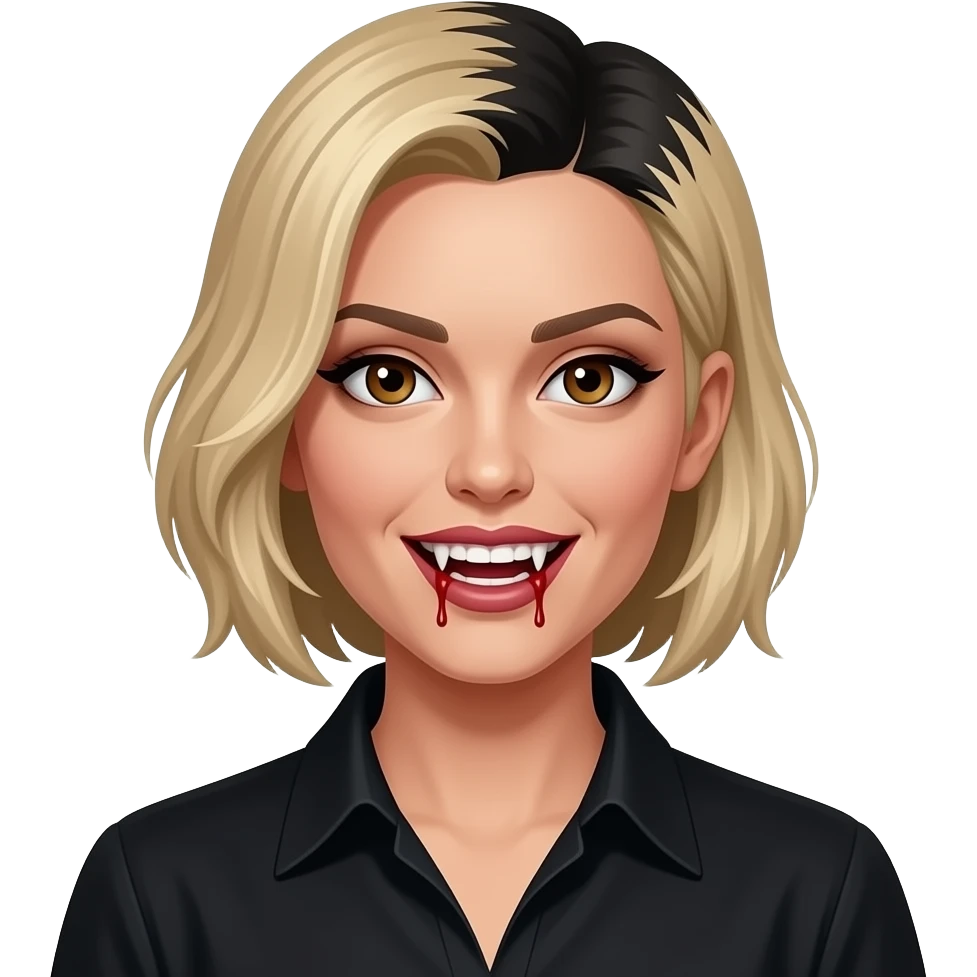 women blond medium short hair to the side with black roots, light black skin, brown eyes, black shirt,  dracula teeth with blood on the fangs emoji